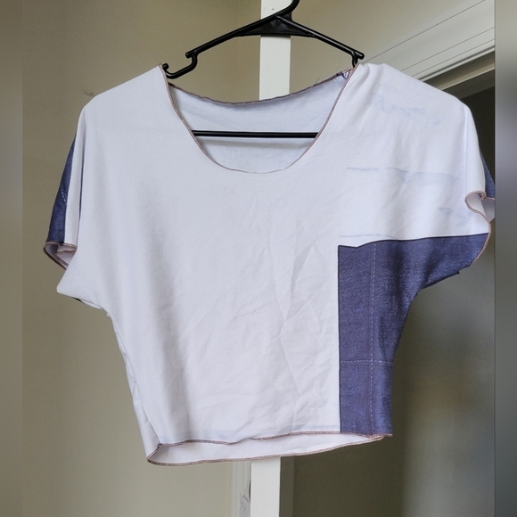 Tops - White and Blue Short Sleeve Crop Top